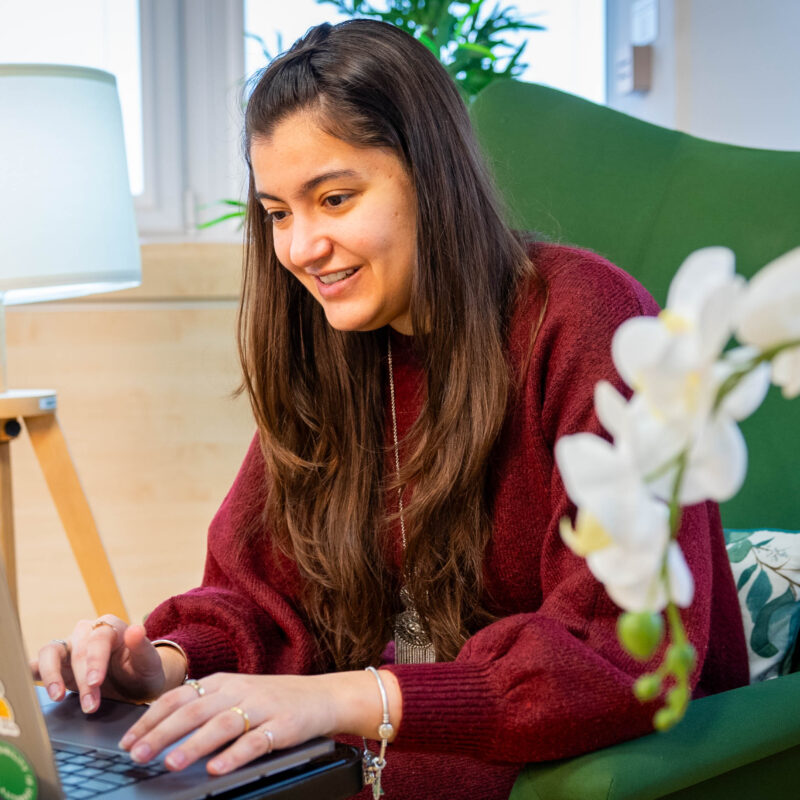 A young woman sitting in a modern wingback armchair in a living room, she's about to apply for a job on her laptop and is smiling calmly. In the foreground there is a white orchid, in the background a modern white desk lamp.